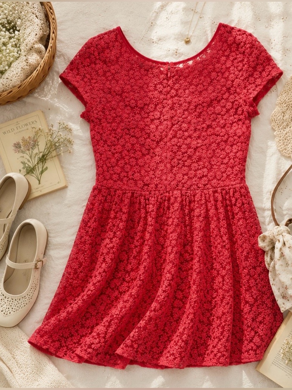 Altar'd State Vibrant Coral Floral Lace Fit Flare Dress | Cottagecore Mini Sz M